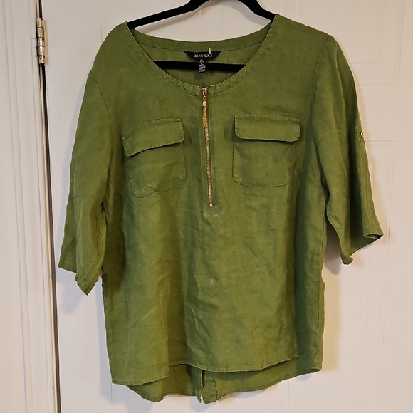 Ellen Tracy womens Large Green Flax Top Blouse 100% Linen Rolled Tab Sleeve - Picture 1 of 6